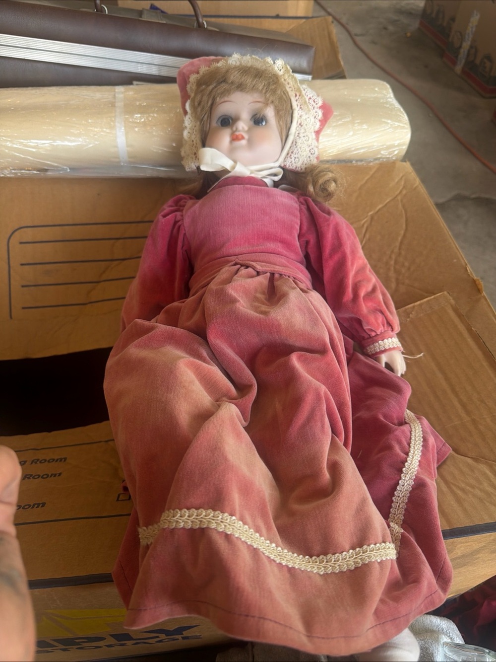 Vintage Porcelain Doll in Rose Velvet Dress